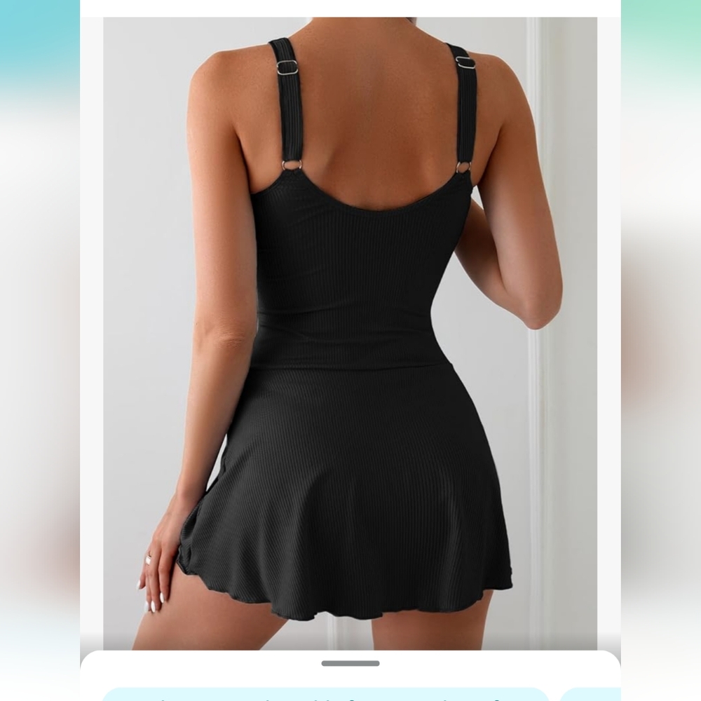 Black Ribbed Tummy Control Swim dress Size Large - Picture 2 of 7
